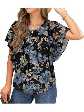 Women's Summer Casual Blouses Blue Flower Loose Round Neck Chiffon Flowy Tops